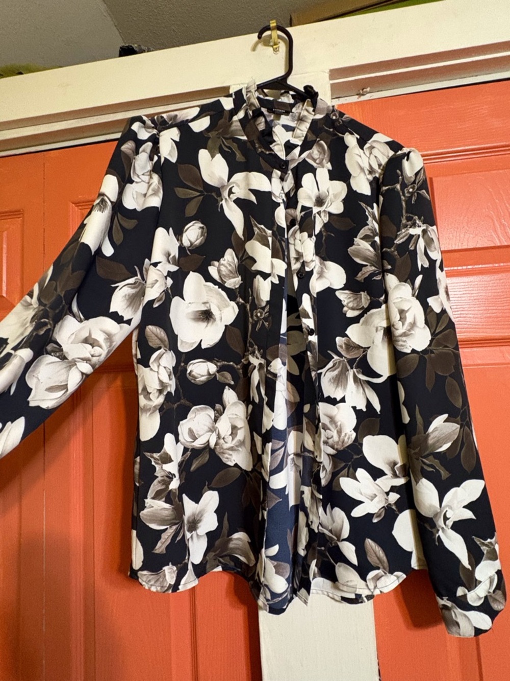 Express Black Blouse with Blue and Cream Floral Print